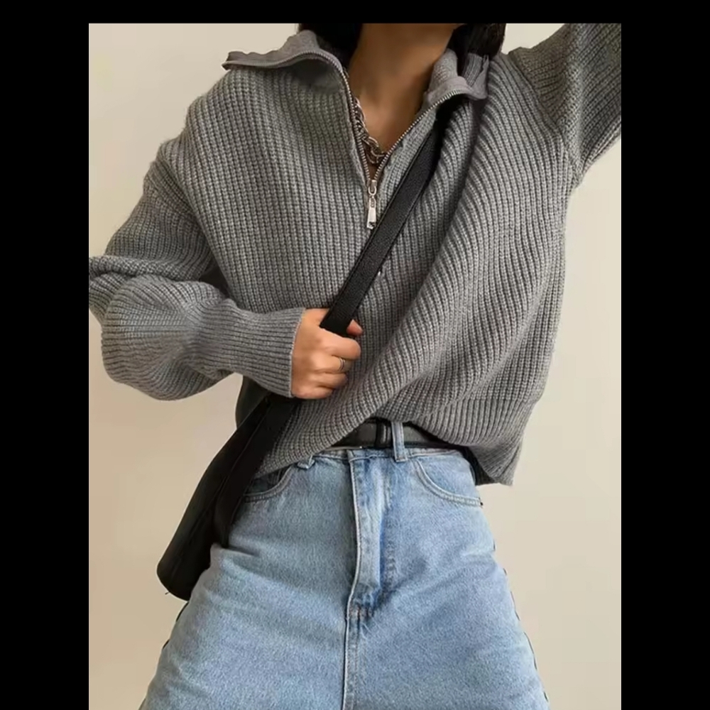 Sweaters Solid Grey Ladies Turtleneck Casual Loose Thick Zippers Pullovers - Picture 3 of 7